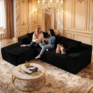 96" Sectional Sofa Couches for Living Room, Corduroy Cloud Couch Sofa, L-Shape Upholstered Boneless Couchs Modern Modular Sectional Couch with Chaise Lounge and Toss Pillow (Black + Left Facing Chaise)