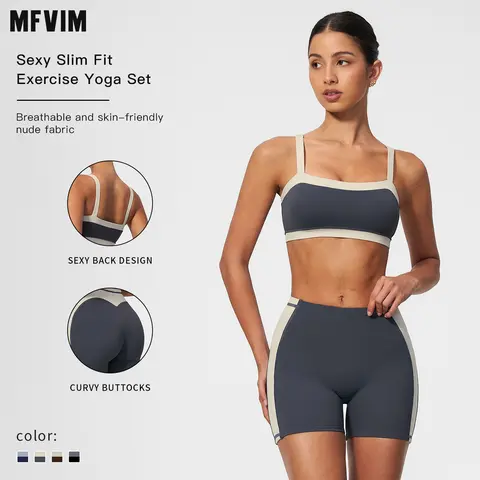 MFVIM Women's Female 2-Piece Athletic Workout Set, Slim-Fit Color-Block Gym Set, Square-Neck Thin-Strap Sports Tank Top with Stylish Back, High-Waisted Tummy-Control Butt-Lifting 3-in Yoga Shorts, Travel & Camping Essentials