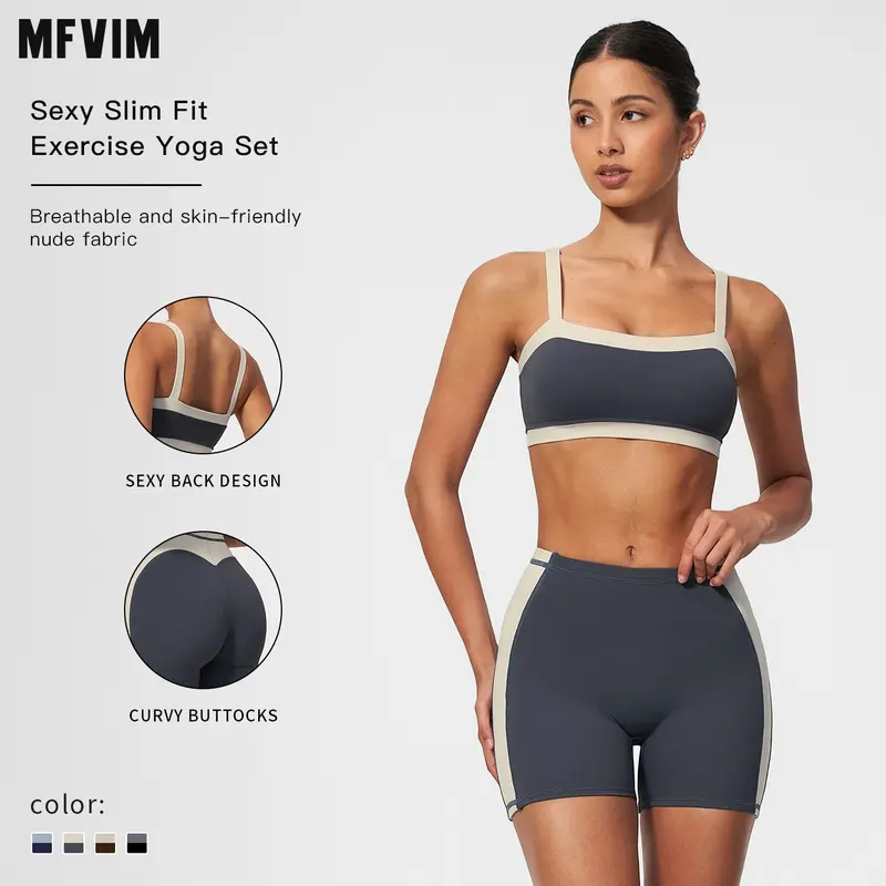 MFVIM Women's Female 2-Piece Athletic Workout Set, Slim-Fit Color-Block Gym Set, Square-Neck Thin-Strap Sports Tank Top with Stylish Back, High-Waisted Tummy-Control Butt-Lifting 3-in Yoga Shorts, Travel & Camping Essentials