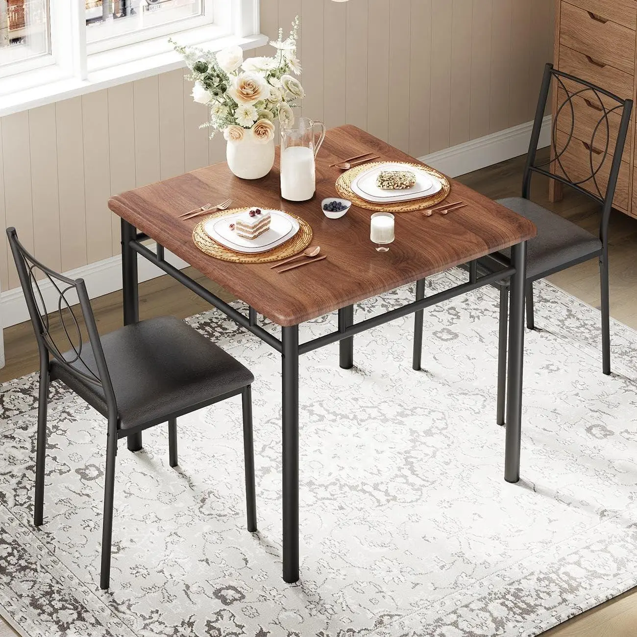 Garvee Dining Table Set for 2, Small Kitchen Table with Upholstered Chairs, Farmhouse Wood Dining Table Chairs for Kitchen Room, Small Spaces, Apartment, Walnut
