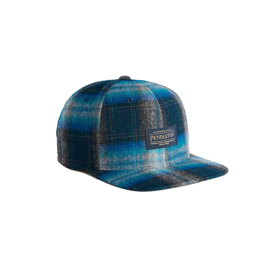 Pendleton Unisex Water-Resistant Wool Plaid Flat Brim Hat - Grey-Turquoise Ombre, Adjustable Back, Casual Wear Plaid Ball Cap, Spot Clean Compatible