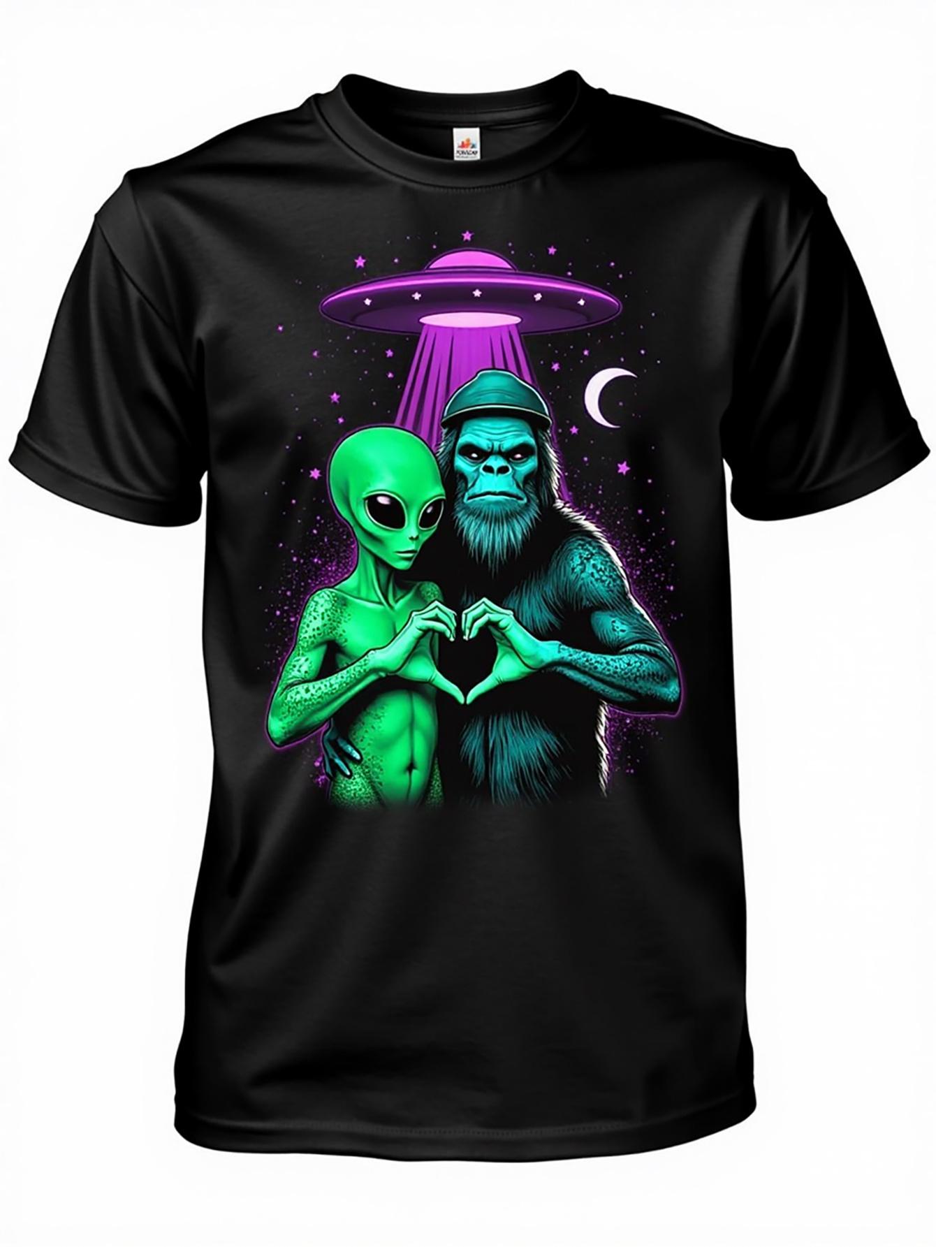 Humorous Graphic T-Shirt Featuring an Alien Gorilla Heart - Black Crew Neck Tee Made from Soft, Breathable for Casual Events - Machine Washable, Regular Fit, Ideal for Animal Lovers, Summer Wear with Unique Print And Comfortable Fabric, Quirky Style