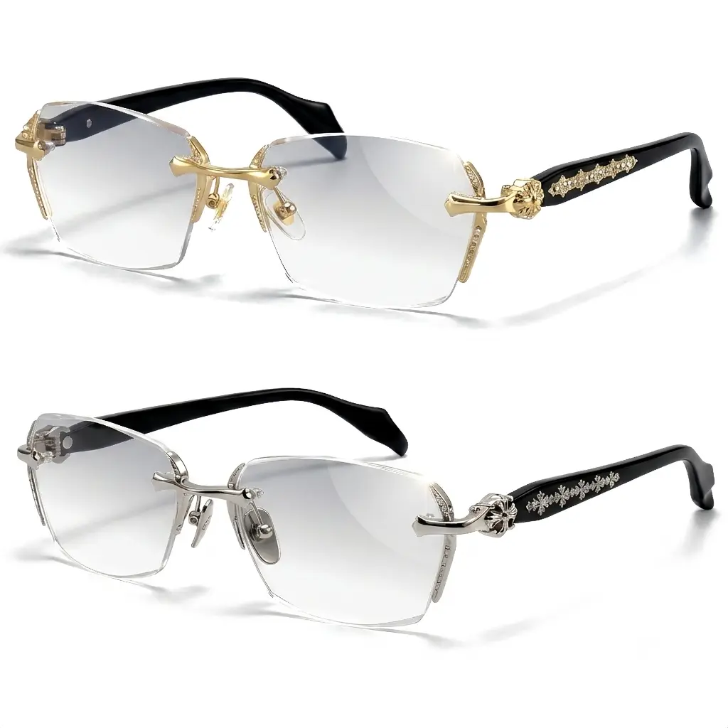 EUNOIALENS Women's Non-Prescription Semi-Rimless Blue Light Blocking Glasses - Trendy Geometric Polygon Metal Frame, Crystal Diamond Embellished Black Temples, Clear Lens Computer Gaming Eyewear