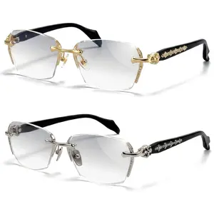 EUNOIALENS Women's Non-Prescription Semi-Rimless Blue Light Blocking Glasses - Trendy Geometric Polygon Metal Frame, Crystal Diamond Embellished Black Temples, Clear Lens Computer Gaming Eyewear