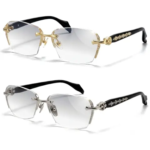 EUNOIALENS Women's Non-Prescription Semi-Rimless Blue Light Blocking Glasses - Trendy Geometric Polygon Metal Frame, Crystal Diamond Embellished Black Temples, Clear Lens Computer Gaming Eyewear