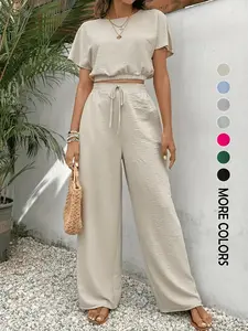 Women's Solid Color Top & Wide Leg Pants Two-piece Set, Casual Round Neck Short Top & Drawstring Waist Trousers for Summer, Ladies Clothes for Daily Wear, Womenswear