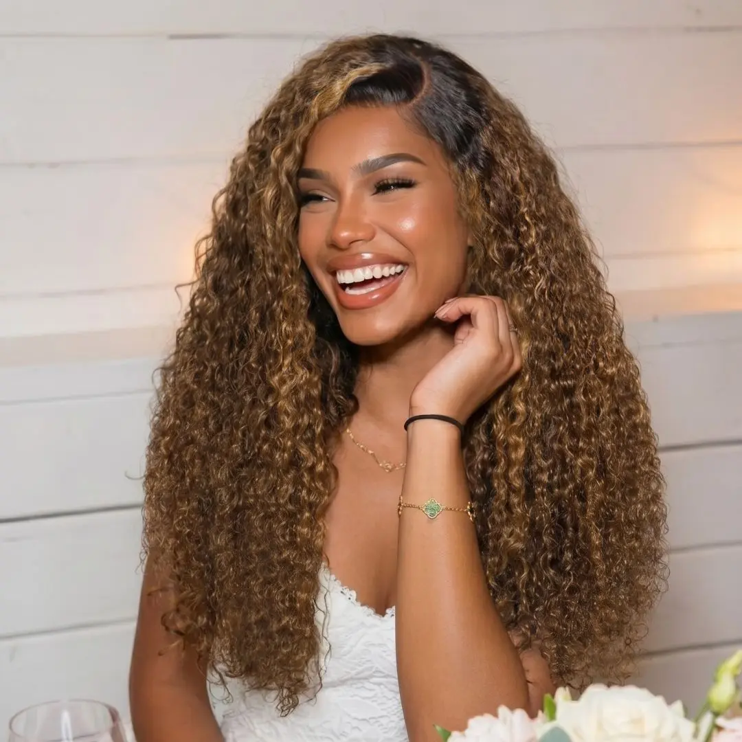 Nadula 13x4 Lace Frontal Brown Curly Wig with Caramel Highlights & Dark Roots, Glueless Bye Bye Slip Human Hair Wig