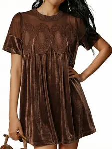 2026 Women's Velvet Lace A-Line Dress with Contrast Mesh Pockets, Loose-Fitting Knee Length Dress for Weddings, Colorblock and Patchwork Style