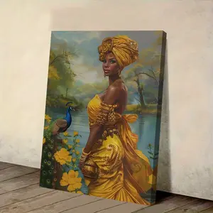 1 Piece Oshun Goddess Canvas Painting - African Scattered Art Golden Peacock Feathers - Living Room Bedroom Wall Poster, Valentine's Day Wedding Decoration - Yoruba Mythology Decoration - Housewarming/Birthday Gift, African Style Romantic Room Decoration,