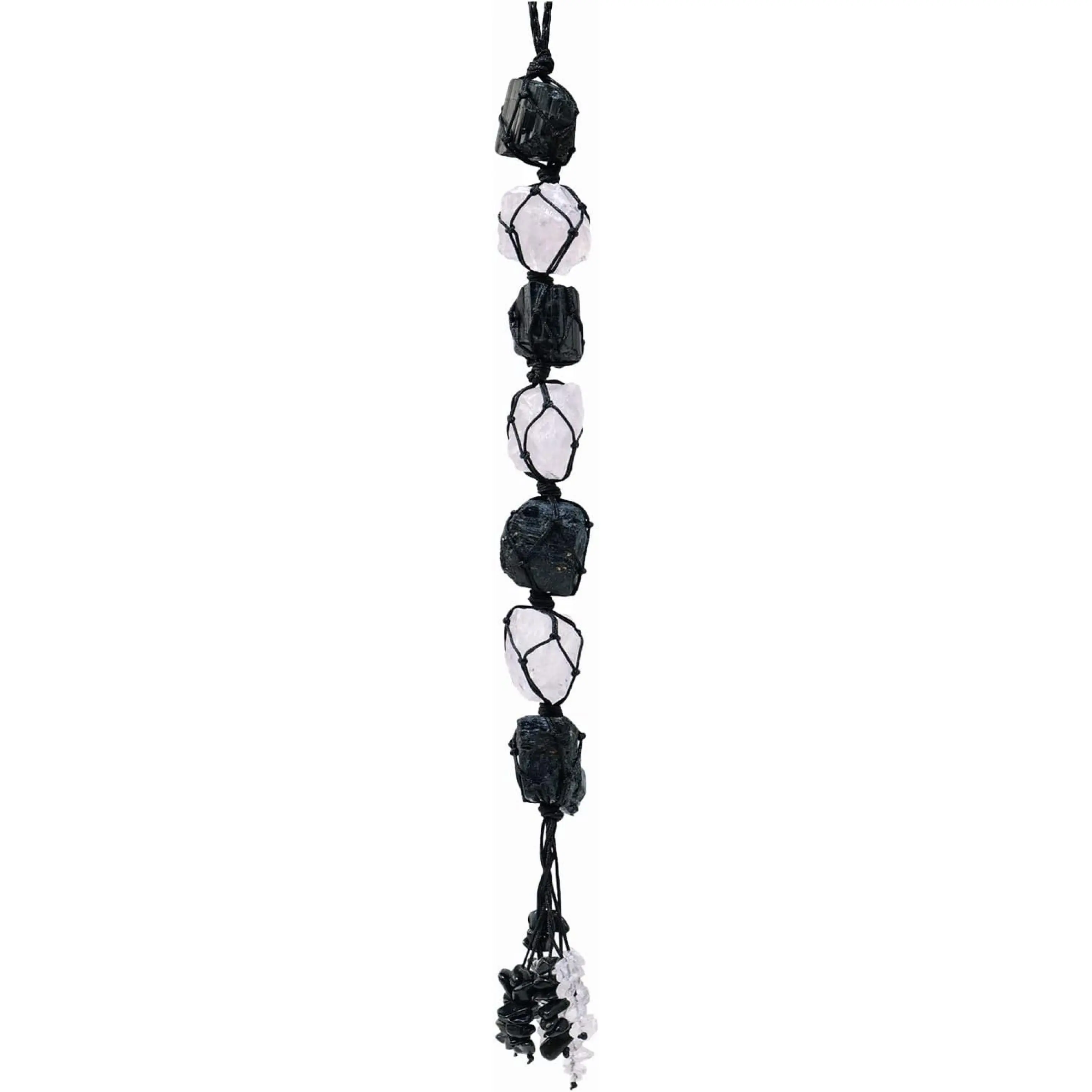 Natural Crystal Black Tourmaline&Clear Quartz Rough Stone Hanging Ornament with Chip Stones Tassels Reiki Healing Meditation Energy Balance Yoga Home Decor Gift