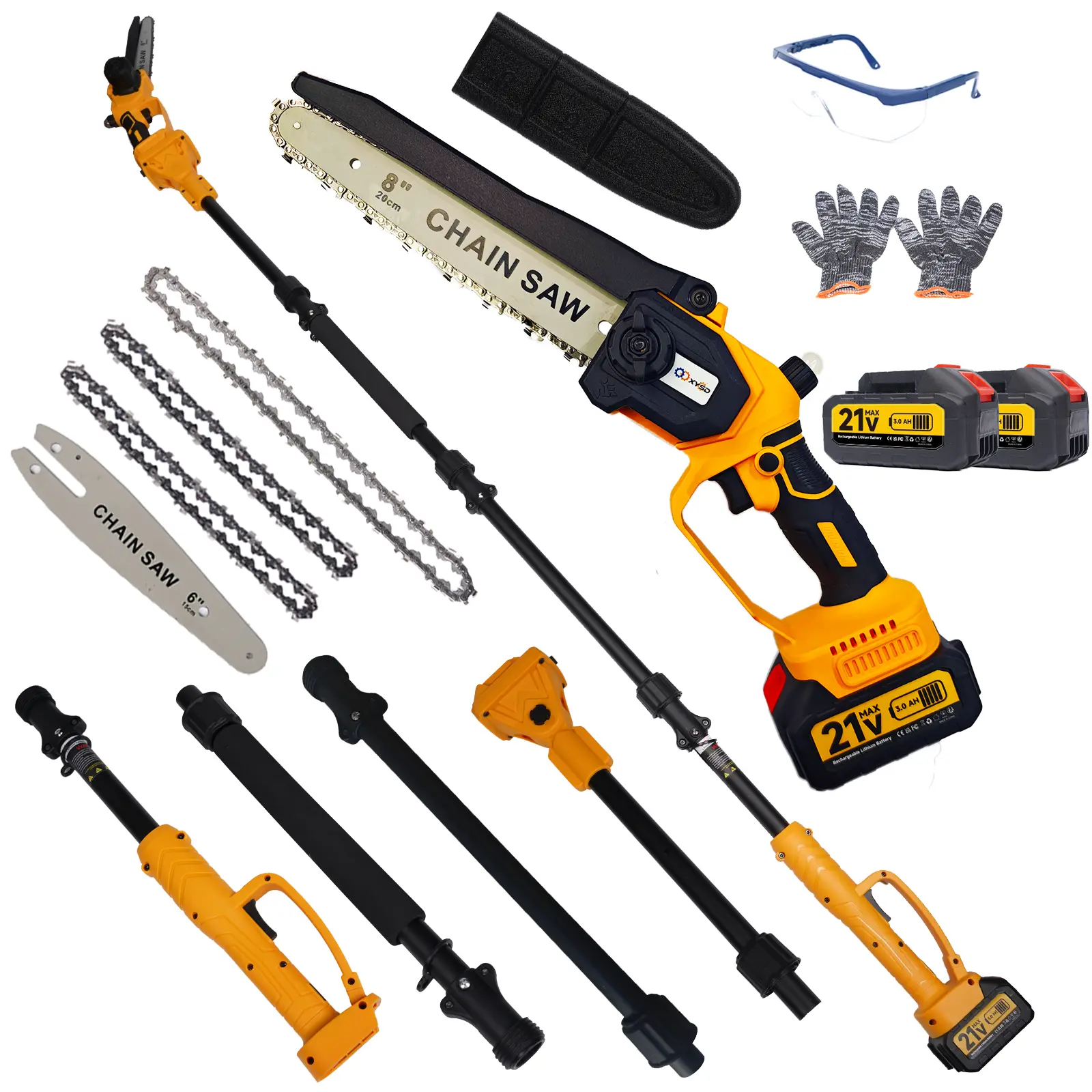 XYSD Brushless Cordless Chainsaw, 2-in-1 Extendible Pole Model with 8in & 6in Blades, 2x21V 3.0Ah Batteries, Replacement Hoe, Free Tool Kit for Tree Trimming, Protective Shield, Brushless Motor