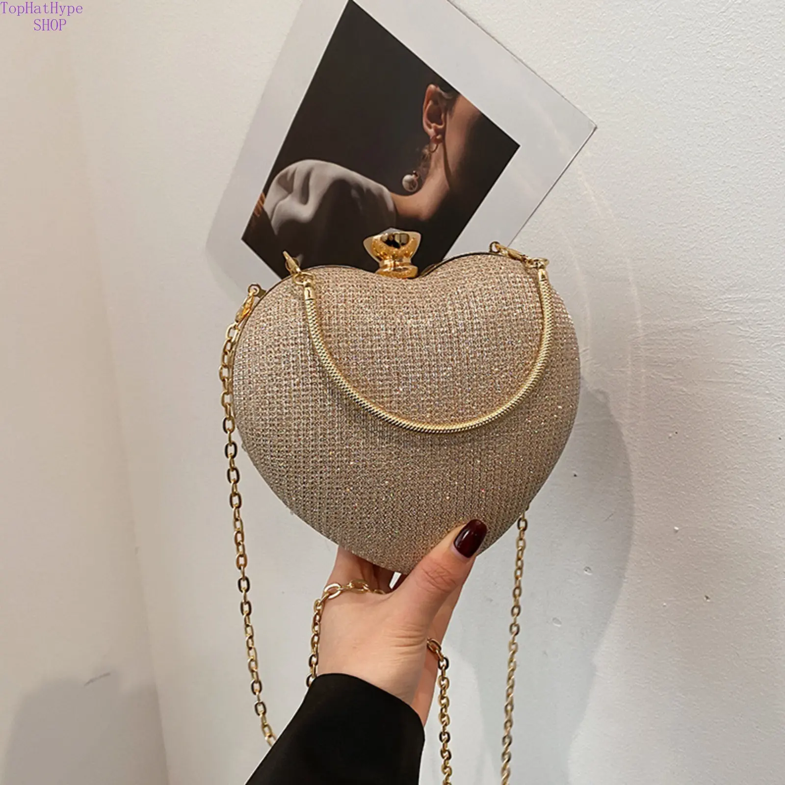 Women's Heart-Shaped Quilted Crossbody Bag - Top Handle, Elegant Chain Strap for Evening, Party Wear
