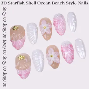 【Lucy UU】Pink French Press On False Manicure 3D Carved Reusable Wearable Nail Art Almond Shape Flower Design Glossy Finish