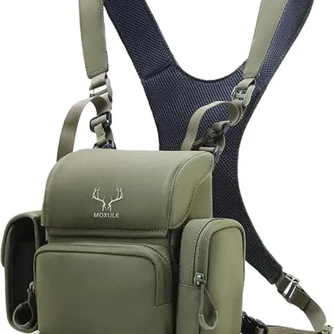 MOXULE Outdoor Hunting Chest Pack Binoculars Case - 500D Splash-Proof Nylon, 3-Layer Tricot Body, Breathable Mesh Back, Magnetic Closure, Rainproof Harness, Camo Strap Cover, Fast Bino Pickup, Large Pocket, Birdwatching Hiking Accessory