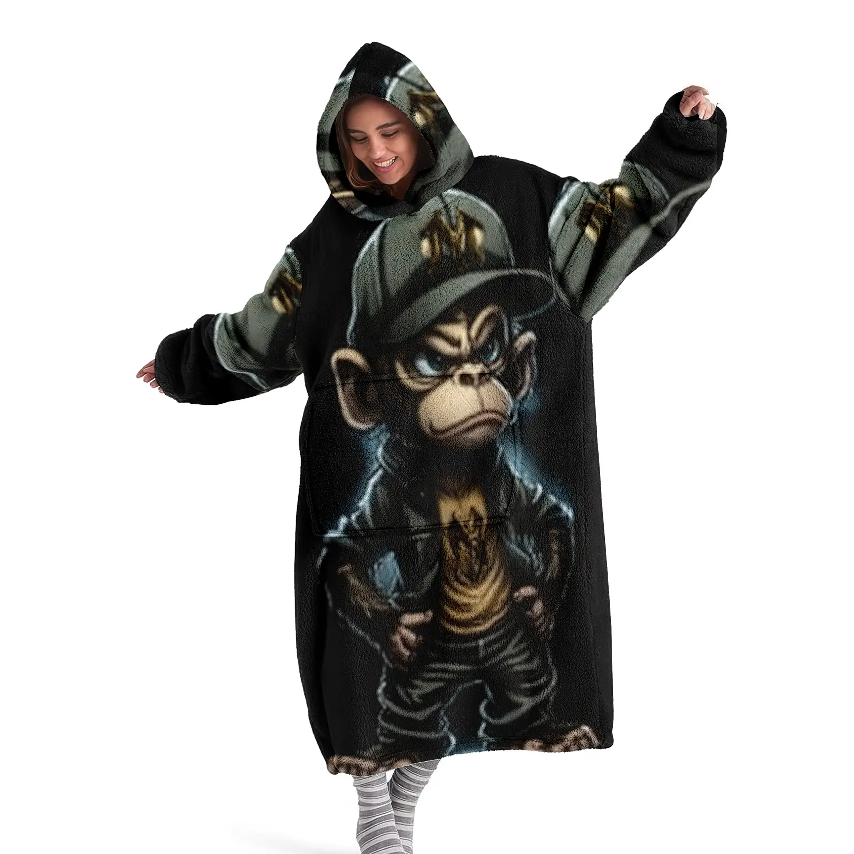 hoodie blanket, Wearable Blanket, Hooded Blanket Digital Print Flannel, Soft Warm Street Style, Unique Pattern, Cartoon Pattern Blanket, Perfect for Sofa Home Leisure Air Conditioning Nap Office Bed Camping Travel Gift, Christmas Gift, Cozy Hooded Blanket