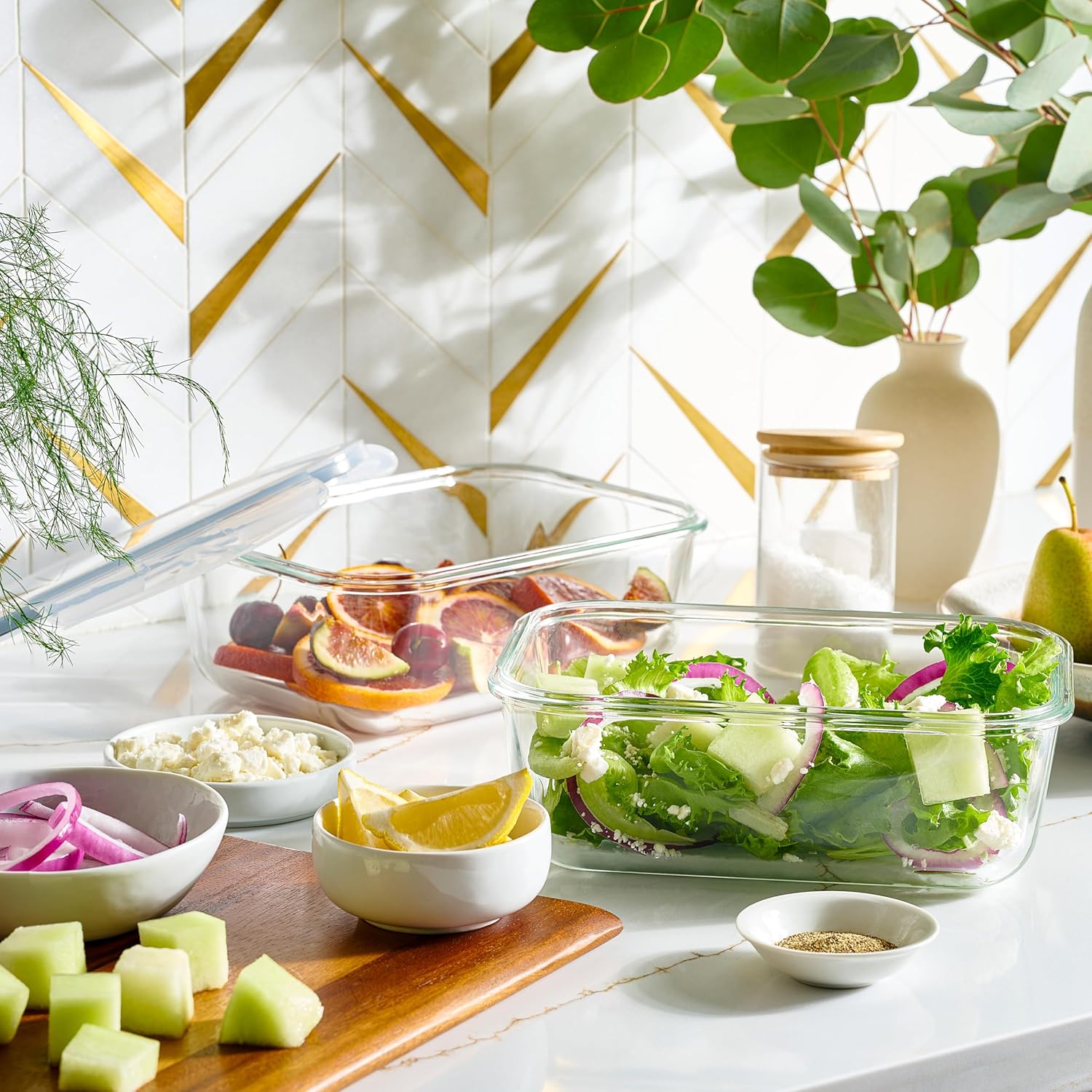 18-Pack Glass Food Storage Containers Set with Black & Blue Lids 6 Sizes Square & Rectangle Airtight Leakproof BPA-Free for Kitchen Organization Meal Prep Leftovers