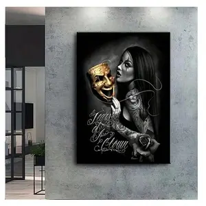 1pc Vintage Canvas Poster, Yellow Skull Tattoo Girl Painting On Canvas Wall Art, Artwork Wall Painting For Bathroom Bedroom Office Living Room Home Wall Decor, Halloween Decoration Gifts Birthday Graduation Home Decor Room Decor