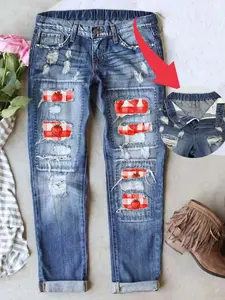 Women's Ripped Patched Ultra-Cute Strawberry Print Boyfriend Washed Vintage Style Elastic Waist Button Denim Jeans Casual Fashion Jeans
