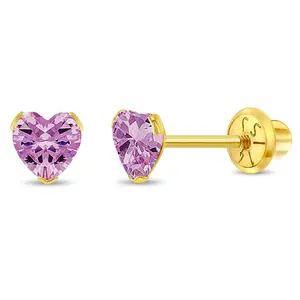14k Gold Birthstone CZ Heart Baby / Toddler / Kids Earrings Safety Screw Back