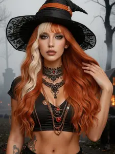 Fashionable Festival Long Curly Orange Wigs with Bangs and Highlights Synthetic Women's Wigs for Festivals, Dance Parties or Halloween Cosplay Taking Photos