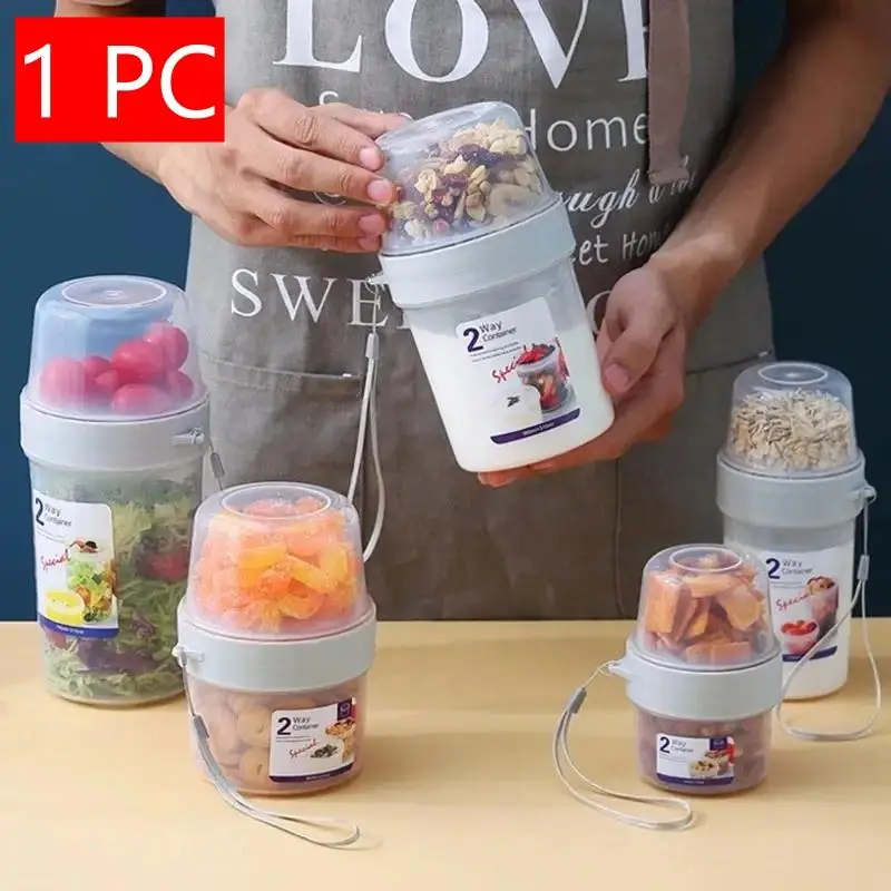 Double Layer Containers, 1 Count Multi-purpose Crisper, Yogurt Salad Airtight Box, Fruit Snack Airtight Storage Box, Portable Yogurt Cup, Kitchen Uten