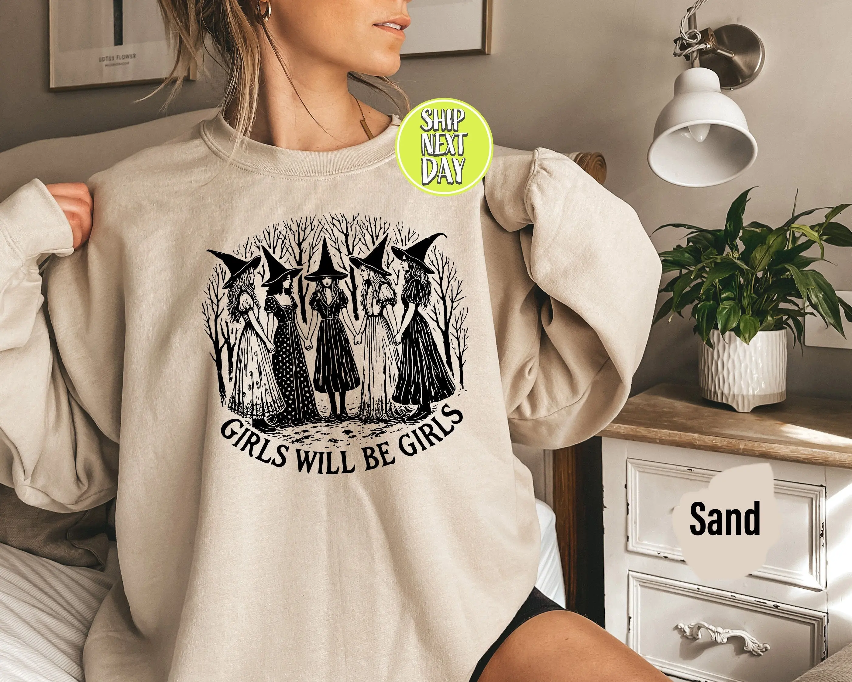 Girls Will Be Girls Witchy Feminist Sweatshirt, Womens Mystic Shirt, Witchy Hoodie, Feminist Witch Shirt, Halloween Gift For Friends Womenswear Cotton Unisex Sweaters Sweatshirt Tops Underwear Women Lady
