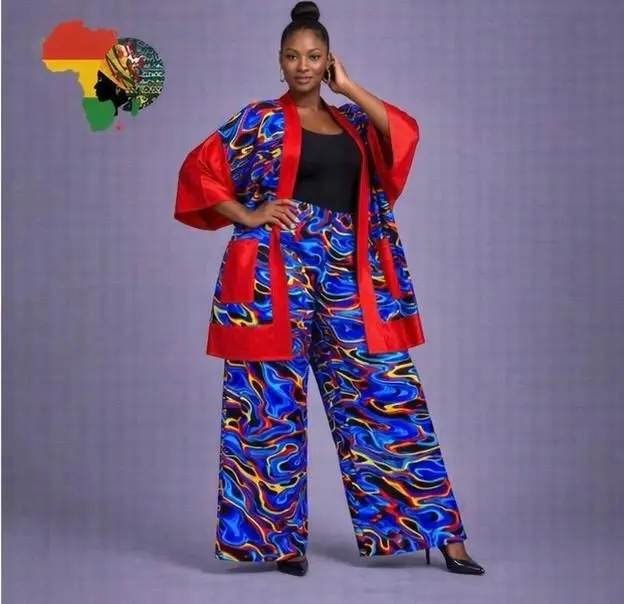 Women's African Fabric Electric Flow 2-Piece Clothes Set - Chic Jacket with Pockets, Bold Energy, Statement Presence