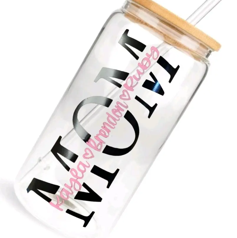 MOM Personalized Glass Cup - 16oz Customized Drinkware Beverage Mug Stylish