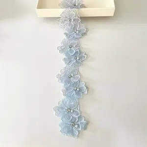 2 Yards 3D Pearl Beads Flower Lace Trim Ribbon Floral Applique Embroidered Lace Fabric for Sewing DIY Crafts Blue