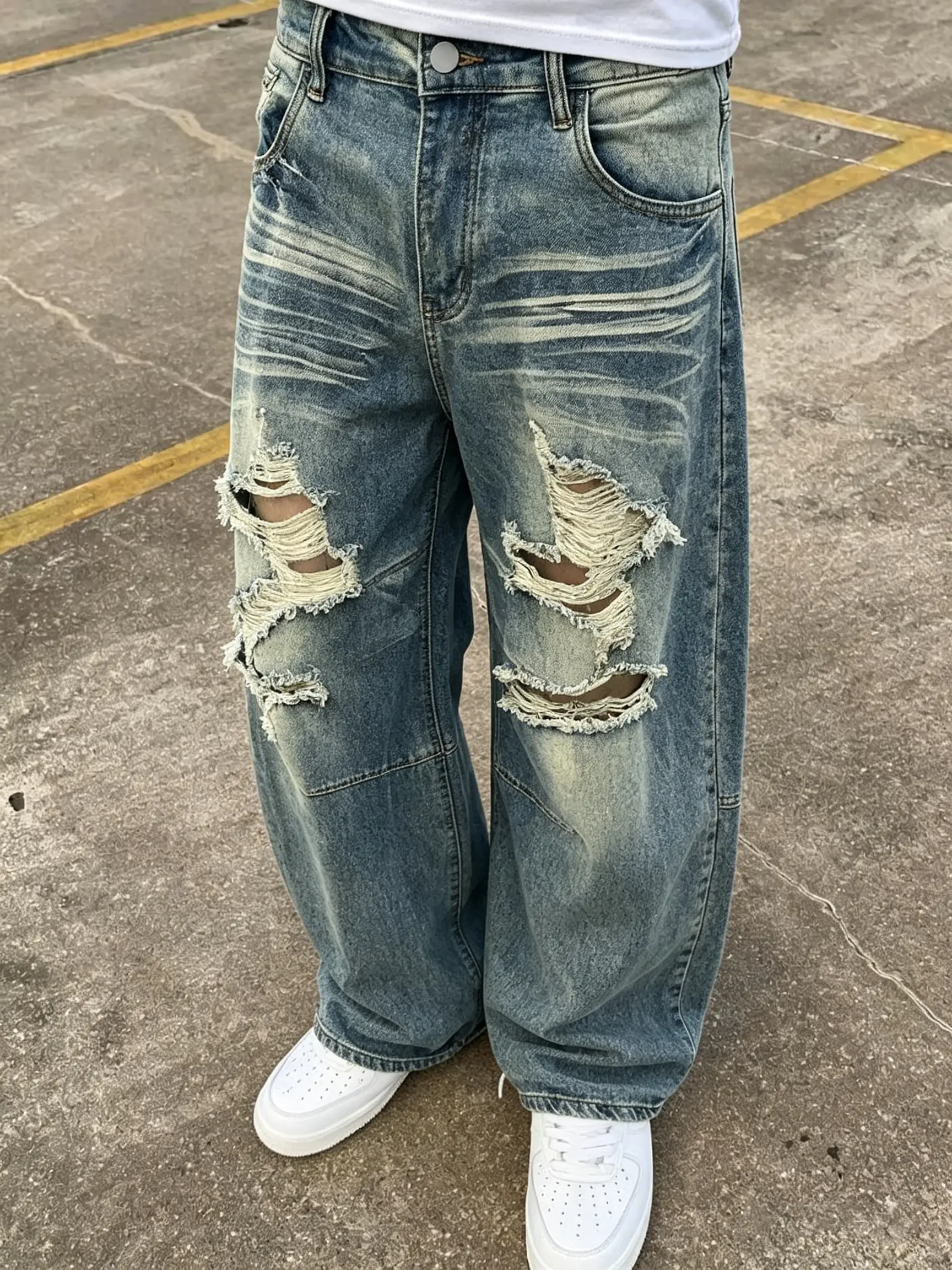 Men's Vintage Streetwear Jeans, Loose Wide-Leg Denim with Gradient Wash and Double-Knee Ripped Frayed Hem, Trouser, Pants, Vintage Clothing, Classic, Polyester, Retro Style, Casual Wear
