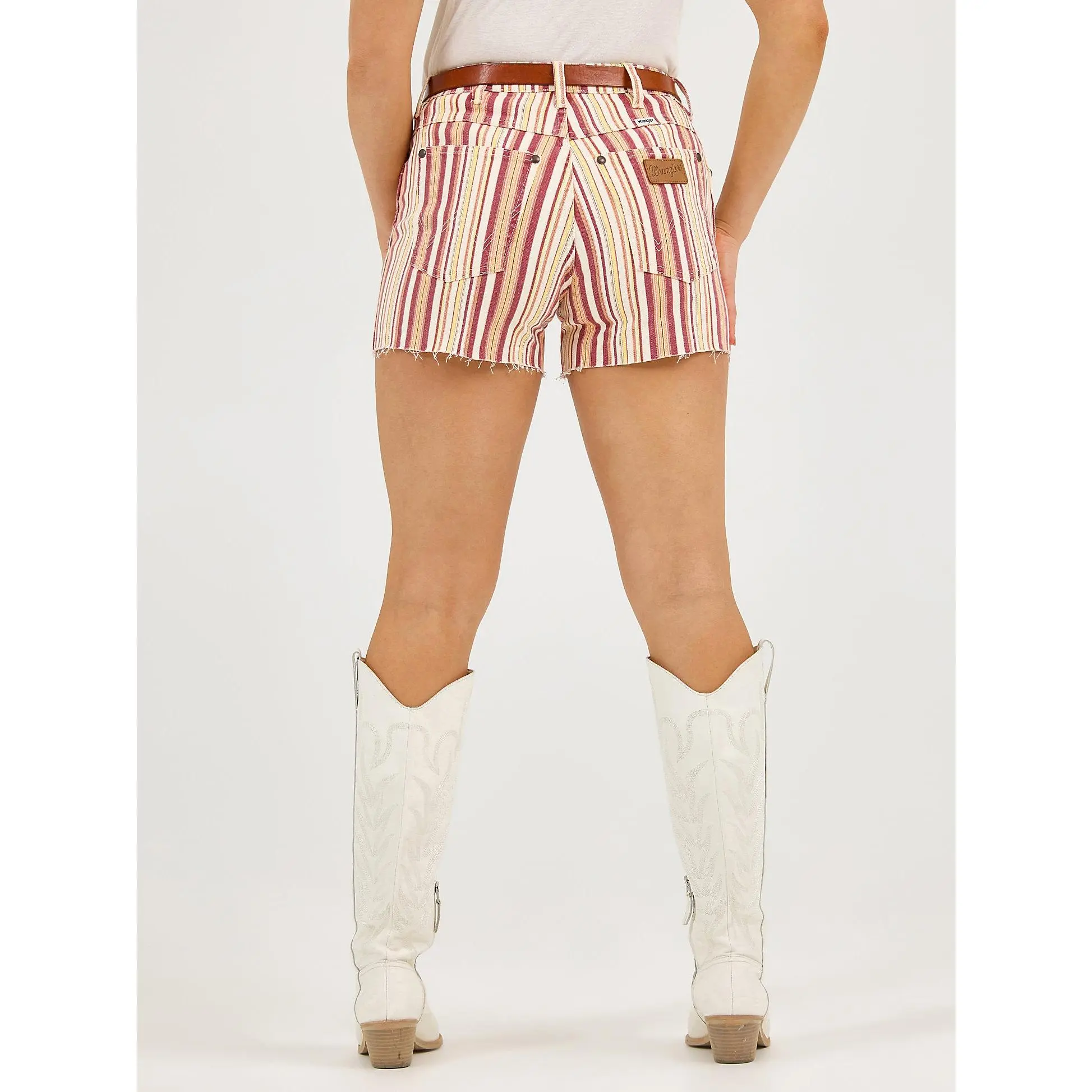 Wrangler Women's Bailey Retro Style Shorts, Super High Rise in a Southwestern Serape Stripe, Effortless Raw Hem Cutoffs, Bottoms, Cowgirl Style, Western Wear For Women, Effortless Shorts, 'W' Stitching, Western Inspired, Striped Pattern, Cowboy, Five Pock