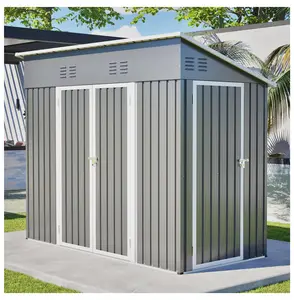 4x8 Slope-Roof Reinforced Storage Shed with Weatherproof Sloping Roof & 4 Air Vents, Heavy-Duty Sturdy Metal Frame, Left/Right Optional Door, Outdoor Tool Shed Warehouse for Garden Storage Pet House