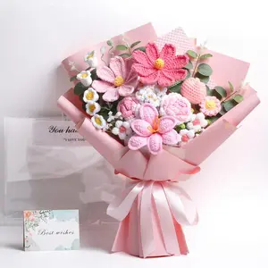 Crochet Flowers Bouquet - Hand Knitted Rose Crochet Flower Bouquet for Home Decor, Weddings, Birthdays, Valentine’s Day, Mother's Day - Includes Gift Bag and Greeting Card, Faux Crochet Flower