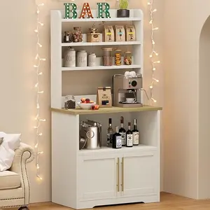 Bakers Rack with Storage, Microwave Oven Stand Pantry Hutch with Door, Tall Versatile Storage Shelf with Thick Tabletop, Coffee Bar for Dining Room, White Peer Wood