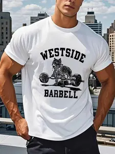 Men's Westside Barbell Gym T-Shirt - Heavyweight Weightlifting Cat & Barbell Design, Navy Blue Crew Neck Workout Shirt, Breathable Fitness Tee for Powerlifting, Weight Training, Casual Wear - Durable Short Sleeve Top