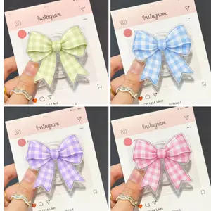Gingham Bow MagSafe Phone Grip – Pastel Plaid Magnetic Pop Socket Grip Stand – Girly Coquette Gift