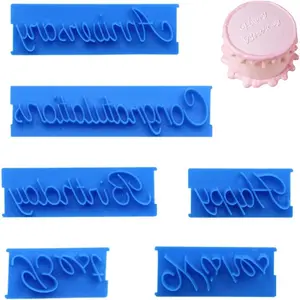 6Pcs Cake Words Stamp Cake Writing Tools Happy Birthday Stencil Congratulation Anniversary Handwritten Letter Cutter Set Printed Stamp Bakery Supplies for Cake (Blue)