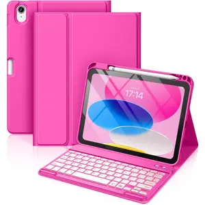Hamile for iPad 11th 10th Generation Case with Keyboard - 7 Colors Backlit Wireless Detachable Folio Keyboard Cover with Pencil Holder for iPad 11-inch A16 2025 10th Gen 10.9 Inch 2022 (Hot Pink)