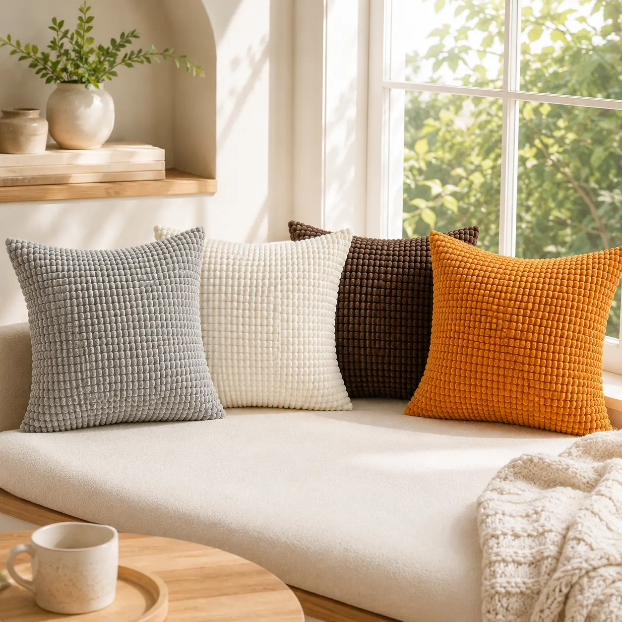 Soft Thick Corn Kernel Corduroy Throw Pillow Covers 2Pcs 18in Square, Washable Removable Cushion Covers with Hidden Zipper for Couch & Bed Decor