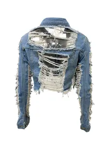 Women's Ripped Raw Hem Button Front Crop Denim Jacket, Fashion Tops, Casual Pocket Long Sleeve Collared Outerwear for Daily Outdoor Wear, Ladies Clothes for Fall & Winter, Downtown Girl Clothes, Coat Womenswear Basic Light Wash Minimalist Short