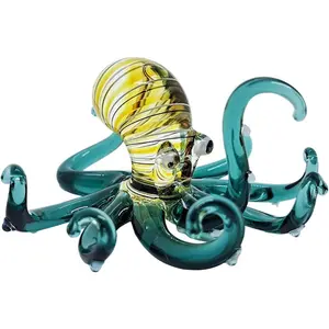 Tiny 3" Striped Yellow Green Octopus Figurine - Miniature Hand Blown Glass Octopuses Squid Cuttlefish Marine Mollusks Colorful Crystal Sea Animal Decorative Collectible Figures Décor Gifts