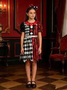 Checkered Pattern Left Half, Vertical Stripes Right Half, Heart Symbol Chest Decoration, Perfect for Halloween Cosplay