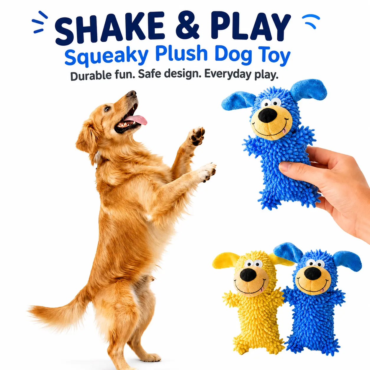 Squeaky Plush Dog Toy, Shake & Squeak Interactive Toy with Soft Chenille Fabric, Embroidered Face and Reinforced Stitching, Washable Fetch Toy for Small & Medium Dogs