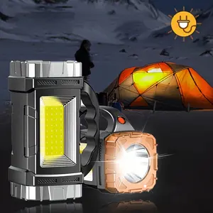 Portable LED flashlight, outdoor multi-functional portable light, solar powered USB rechargeable outdoor flashlight, dual light source with COB side light function, for outdoor, camping, repair, emergency lighting.