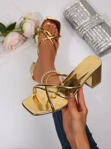 Women's Gold Metallic Crisscross Strap Block Heel Mules - Square Toe Slip-On Evening & Summer Heels #blockheels #metallicsandals #eveningheels #tiktokshoefinds #goldshoes