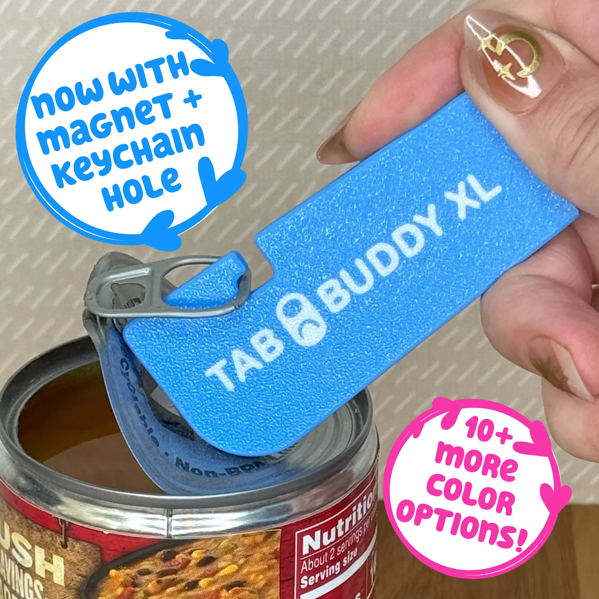 Tab Buddy XL Colors- Food can tab opener help for long nails, sore hands; assistive veggie, soup, cat, dog food magnet tech gadget arthritis Kitchen L
