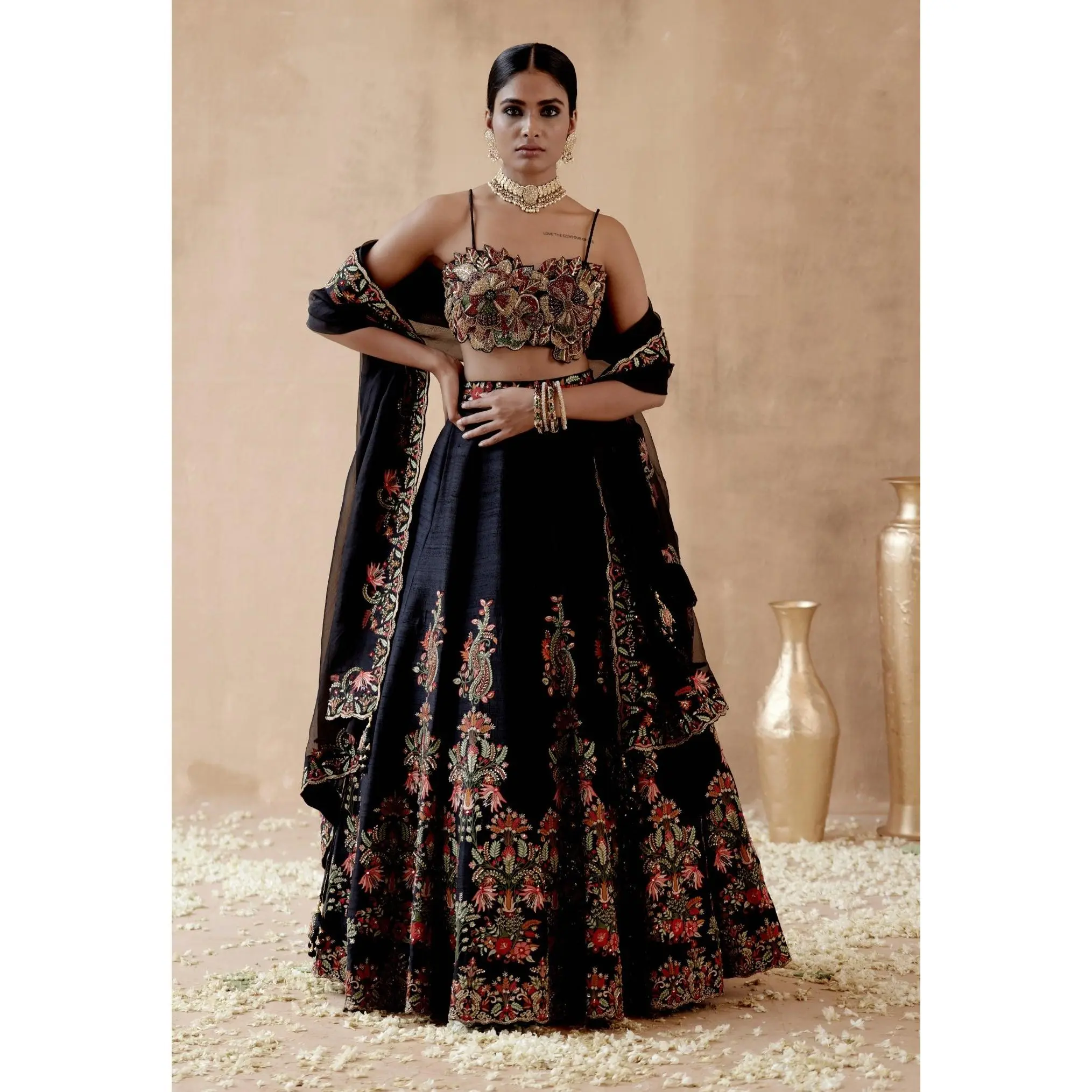 Black raw silk lehenga set