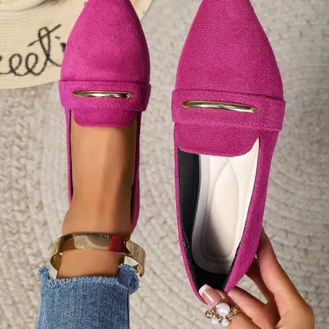 Women's Lightweight Slip-On Flat Loafers with Metal Detail, Comfortable Pointed Toe Flats for Daily Wear, Elegant Footwear, Rubber Flat Shoes