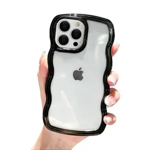 Compatible with iPhone 15 Pro Max Case, Cute Curly Wave Frame Clear Case for Girls Women, Transparent Soft Silicone TPU Bumper Shockproof Phone Cover for iPhone 15 Pro Max - Black