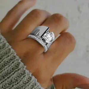 [-Style Silver Zirconia Ring] Silver-Plated Wide Face Zirconia Ring --Style Unique Design - Perfect For Engagement, Wedding, Anniversary, Birthday, Parties, And Galas/